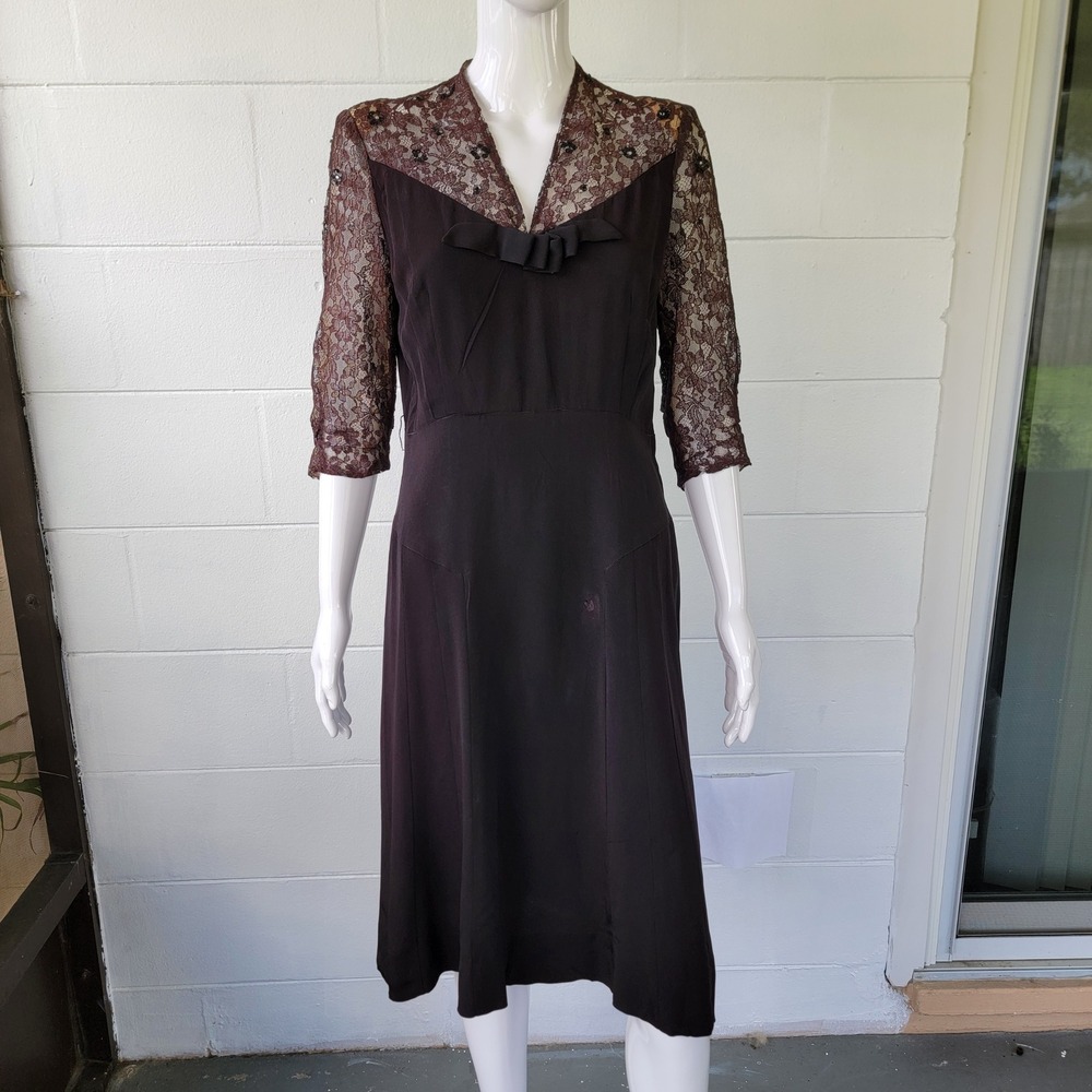 VTG 40s/50s Reynolds Originals Dress Brown Women's M/L Mid-Century Cocktail Lace